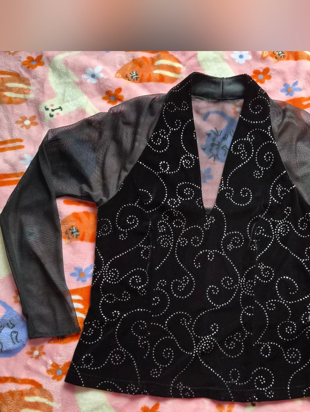 Black Studded Velvet V-Neck Top with Sheer Sleeves